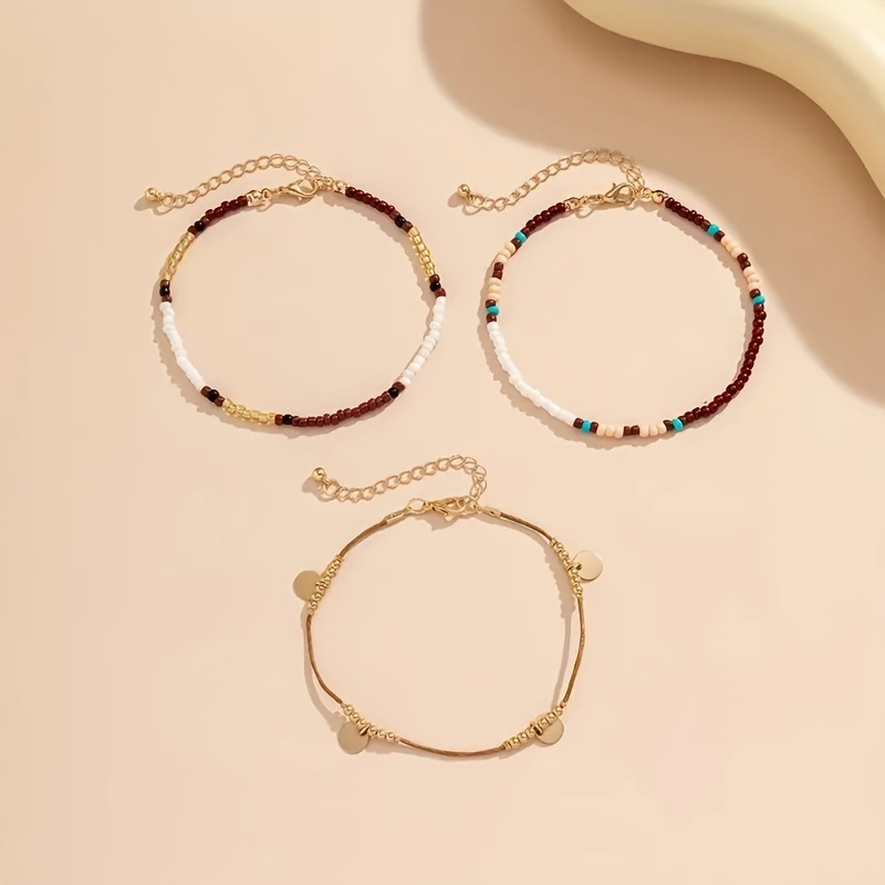 Boho 3pcs Waterproof Beaded & Braided Anklet Set